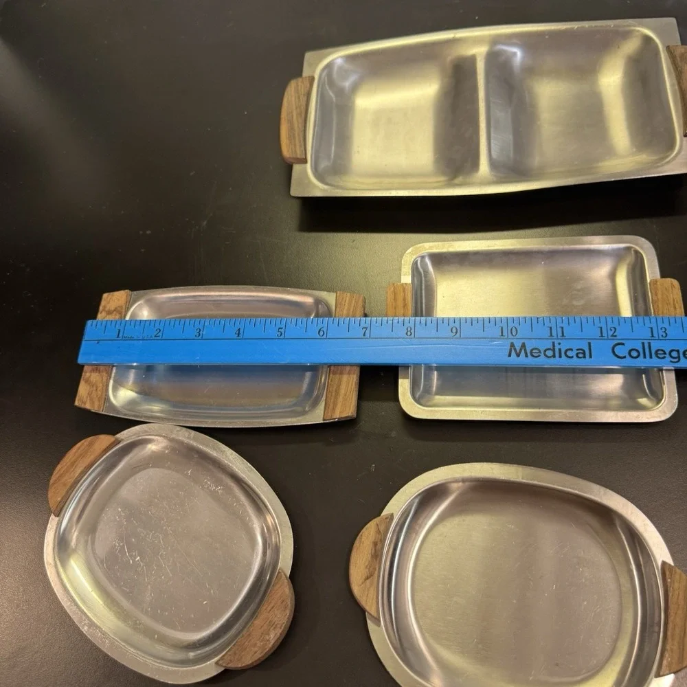 Vintage Imperial‎ Japan Relish Dish Tray Wooden Handles Set Of 5 Stainless MCM